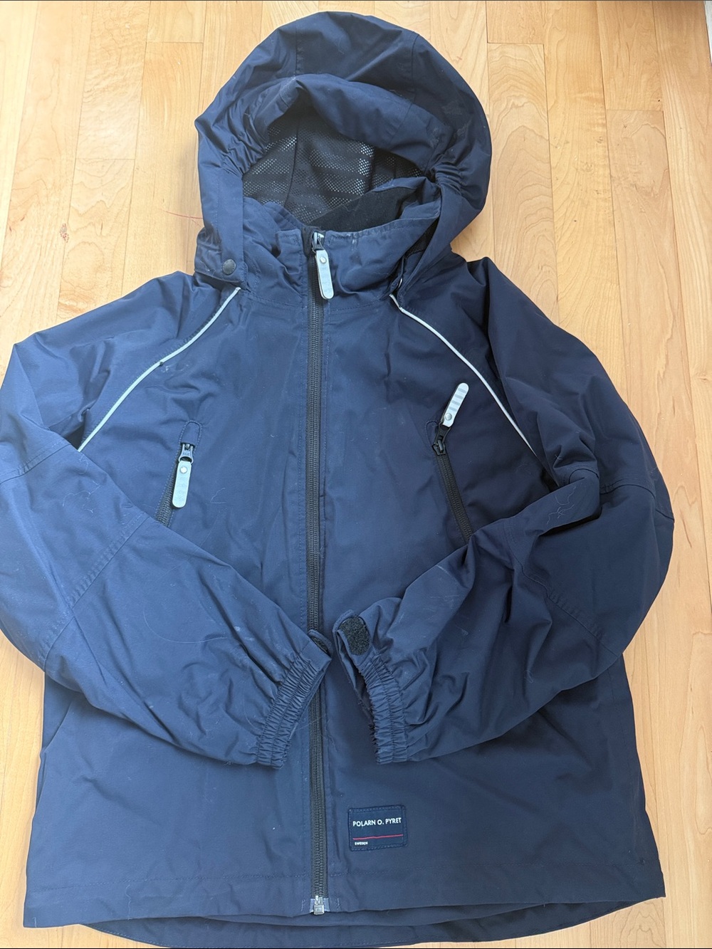 Polarn O. Pyret Navy Hooded Kids waterproof lined shell with Reflective Trim